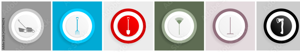 Poster gardening concept vector icons set, tools symbol collection