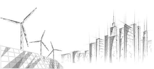 Solar panels windmills turbine generating electricity. Green ecology saving environment. Renewable power low poly polygonal geonetric abstract gray white sky design vector illustration