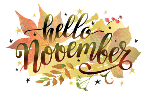 Hello November banner with lettering and autumn leaves. Word for typography, postcard, calendar, monthly organizer.
