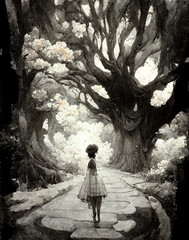 sad fairytale scene, black and white depression, where is the way, forest scene