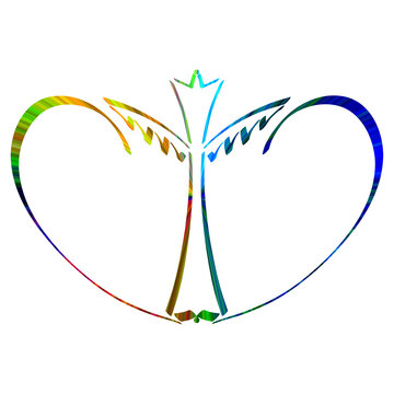 winged cross with an image of a crown and an open book inside a heart, rainbow christian symbol