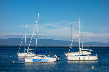 Marina of sailboats, boats and yachts in the recreation center during the summer season