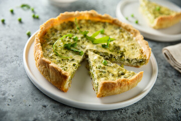 Homemade green pea quiche with cheese