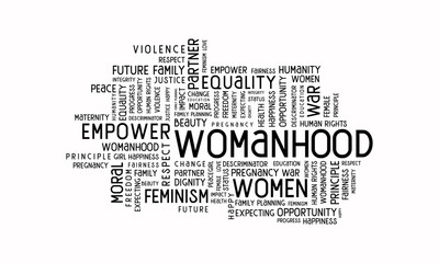 Woman word cloud vector illustration design l Word art for womens day or mothers day l Feminity l Femaleness l Mum l Female l Womanhood l Motherhood l Mothers Day l Womens Day l 8th march