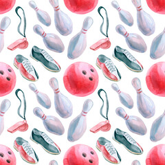 Bowling watercolor seamless pattern. Hand drawn design elements. Bowling ball, pins, whistle and shoes illustration. Concept for fashion textile print, wrapping, web background.