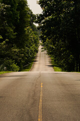 The asphalt road on both sides of the road was filled with big trees.