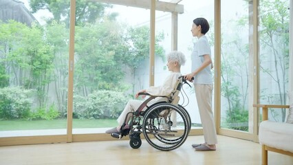 60p　車椅子に乗ったシニア女性と介護士（介護・福祉・ヘルパー）