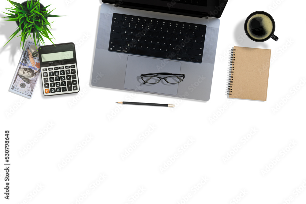Poster flat lay of top view desk account financial money finance work table with computer notebook and penc