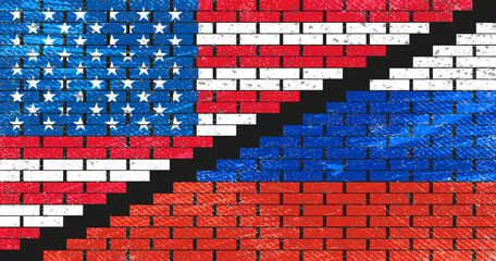 USA and Russia flags. American and Russian flag on grunge texture brick wall. America and Russia face off. Vector special design background. The dimensions are perfect and ready to print.