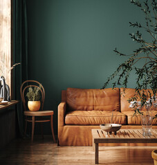 Fototapeta Dark green home interior with old retro furniture, 3d render obraz