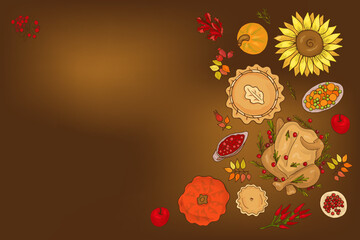 Happy thanksgiving day with autumn leaves, Turkey, apple, jam jar, pie, sunflower, pumpkin. Colorful autumn leaves and text at on brown background. Design element for poster, flyer, greeting card.