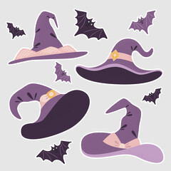 A set of stickers wizard's hat and bats, vampires for Halloween. Clothes Halloween party witch costume. Hand drawn doodle sketch. Vector illustration isolated on grey background.