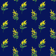 ミモザ（フサアカシア）のパターン　手描き水彩イラストの花柄テキスタイル