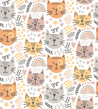 Cute cats heads faces colorful simple childish seamless vector pattern. Vector illustration