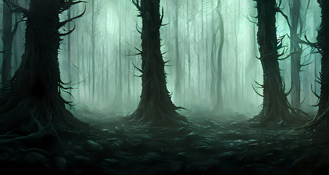 Scary Forest Scene Landscape. Mysterious Concept. 3D Painting Illustration