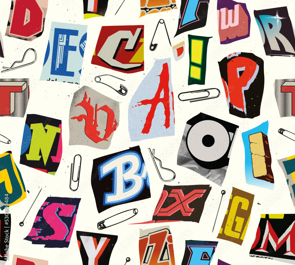 Aufkleber colorful seamless vector pattern alphabet letters and numbers clippings in typographic composition w