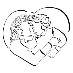 mom and her baby hug each other, sleep and love, symbol in the form of a heart, black lines on a white background