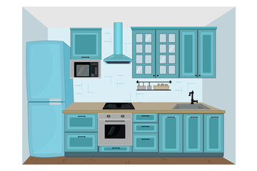 Kitchen interior. Kitchen with furniture, cupboard, fridge, stove, sink, microwave, shelf and range hood. Modules for domestic room for designing. Working surface for cooking.Stock vector Illustration