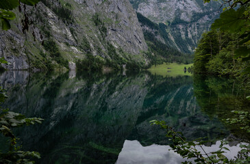 Fototapeta na wymiar Mountain reflections in the alpine Obersee lake