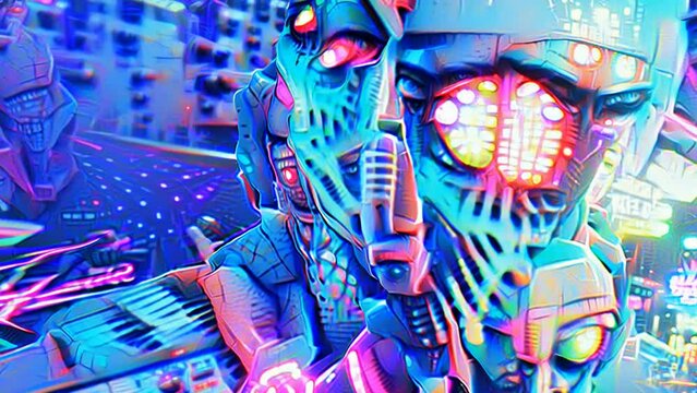 Abstract animation of robots in synthwave style. Impressionism digital painting. AI generated NFT crypto art. 