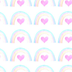 Rainbow seamless pattern for textile, fabric, wrapping paper, kids fashion. Rainbows tile print in childish style.