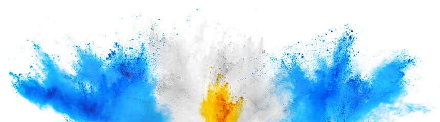 colorful argentinian flag cyan blue yellow color holi paint powder explosion isolated white background. argentina south america qatar celebration soccer travel tourism concept - obrazy, fototapety, plakaty