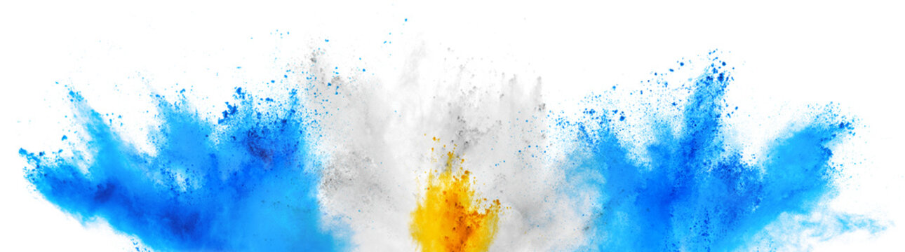 colorful argentinian flag cyan blue yellow color holi paint powder explosion isolated white background. argentina south america qatar celebration soccer travel tourism concept
