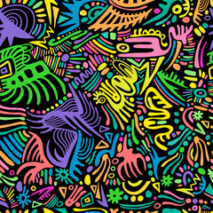 Funky psychedelic seamless pattern with amazing rainbow doodles style ornaments. Bizarre simples bright background.