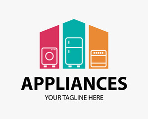 Modern minimalist home appliance store logo. Refrigerator stove and washing machine icon.