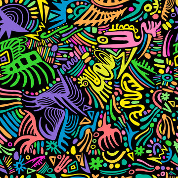 Funky psychedelic seamless pattern with amazing rainbow doodles style ornaments. Bizarre simples bright background.