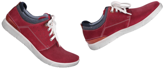 Stylish trendy red suede shoes walking forward isolated