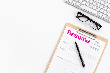 Close up of resume application on HR manager office table