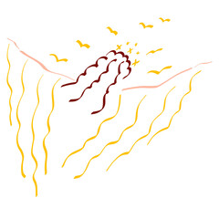 flying winged woman with curly hairs, stars like a crown over her head and flying birds, abstract colorful pattern