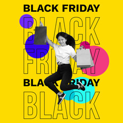 Contemporary art collage. Creative poster for promotion of seasonal sales, black Friday. Retro...