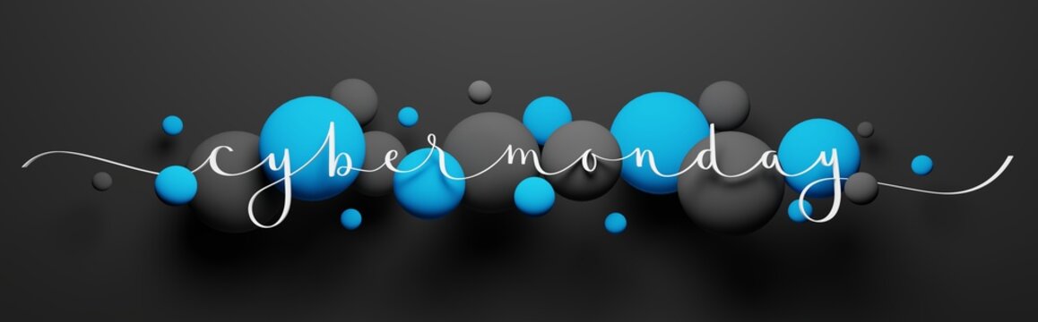 3D render of CYBER MONDAY white brush calligraphy banner with blue and black balloons on black background