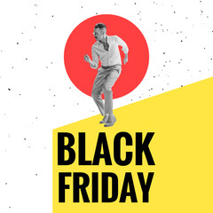Young stylish man in retro style clothes over bright colored background. Poster for promotion of seasonal sales, black Friday, cyber Monday concept.