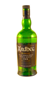Ardbeg whisky, Single Malt Scotch whisky from Isle of Islay. Whisky is a major export item of Scotland - illustrative editoria