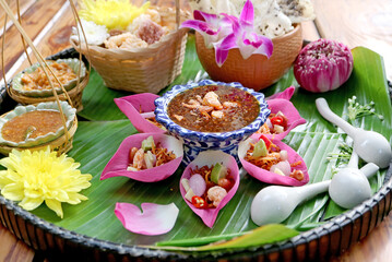 Mouthwatering Fresh Lotus Petal Savory Wrapped Called Miang kham in Thai