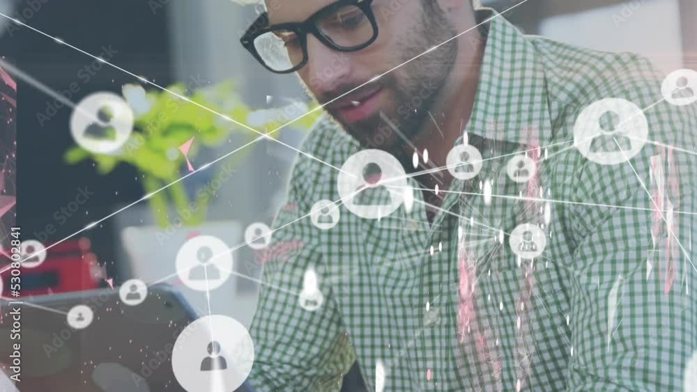 Aufkleber animation of network of connections with icons over caucasian man using tablet
