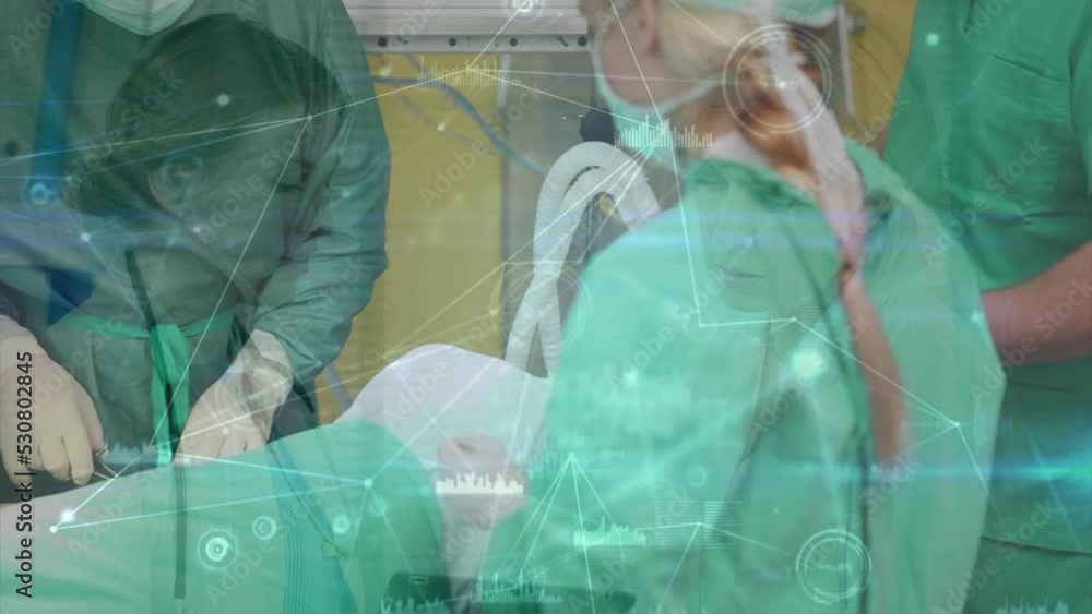 Poster animation of network of connections with data processing over diverse surgeons and patient