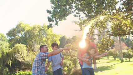 Animation of light spots over caucasian family spending time in park together