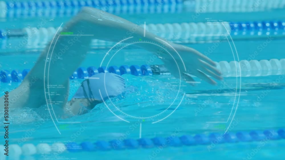 Poster animation of scope scanning and data processing over caucasian male swimmer in swimming pool