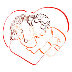 mom and her baby hug each other, sleep and love, red heart symbol