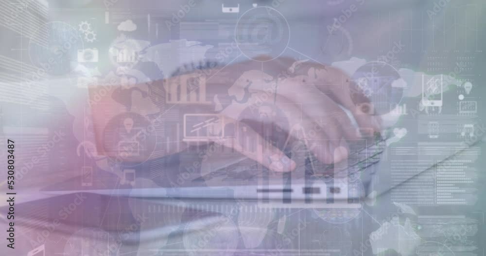 Poster animation of data processing over hands using laptop