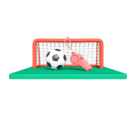 Football field, ball and referee whistle 3d icon. Football elements 3d icon. Soccer elements 3d symbol on green field. Qatar World Cup 2023 concept in transparent png. 