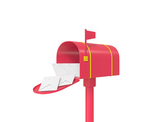 Vintage Letterbox, Post box, mailbox 3d icon. Outdoor drop boxes, street postboxes, letterboxes. Red mailbox standing on stand.  In transparent png