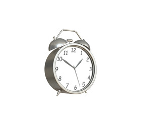 Old table clock 3d icon. 2 Realistic alarm clock. Classic Silver color Table clock with timer. Morning Time management vintage instrument. Two Retro alarm clock front view. In transparent png