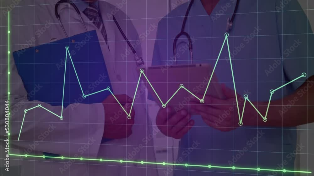 Poster animation of data processing over caucasian doctors with tablet