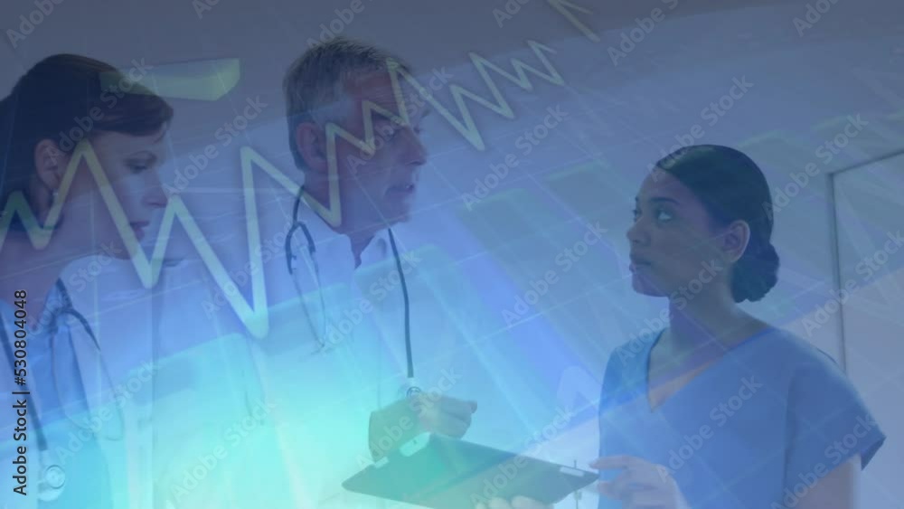 Poster animation of data processing over diverse doctors talking