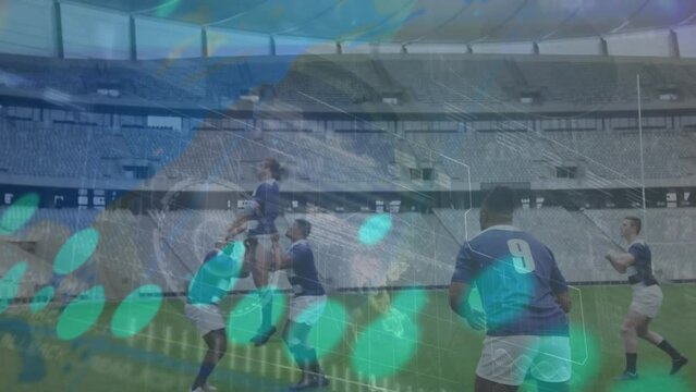 Animation of data processing over diverse rugby players at stadium